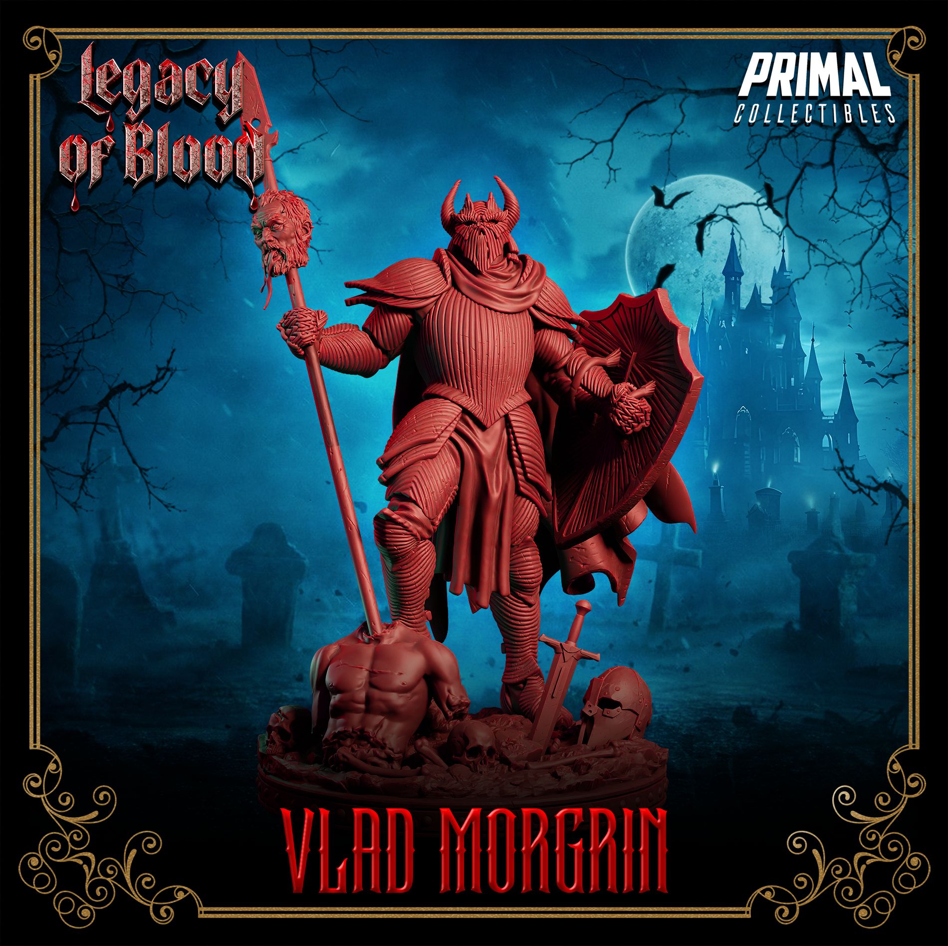 Statue of Vlad Morgan from Legacy of Blood with a dark, gothic background.