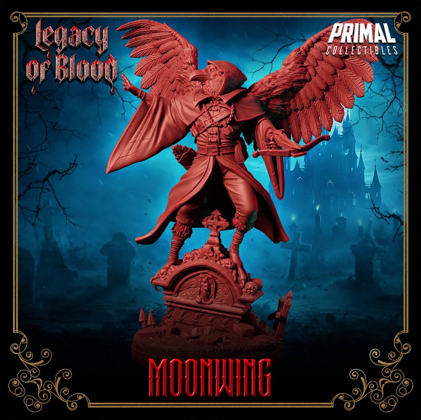Shadowmancer Moonwing resin miniature with outstretched wings standing on a grave, fantasy TTRPG figure