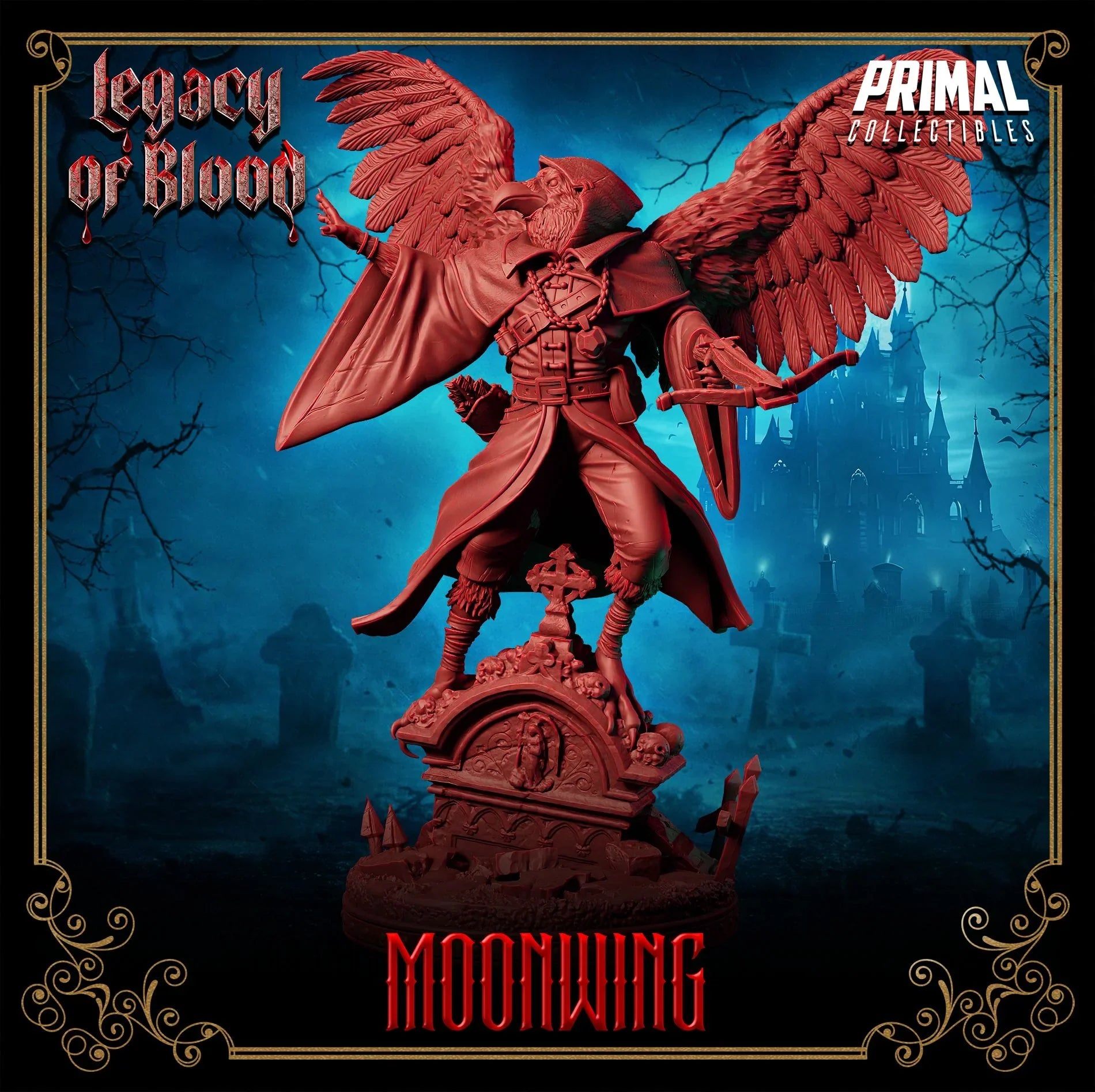 Shadowmancer Moonwing resin miniature with outstretched wings standing on a grave, fantasy TTRPG figure