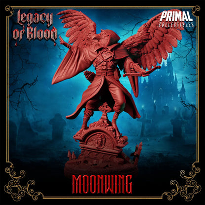 Shadowmancer Moonwing resin miniature with outstretched wings standing on a grave, fantasy TTRPG figure