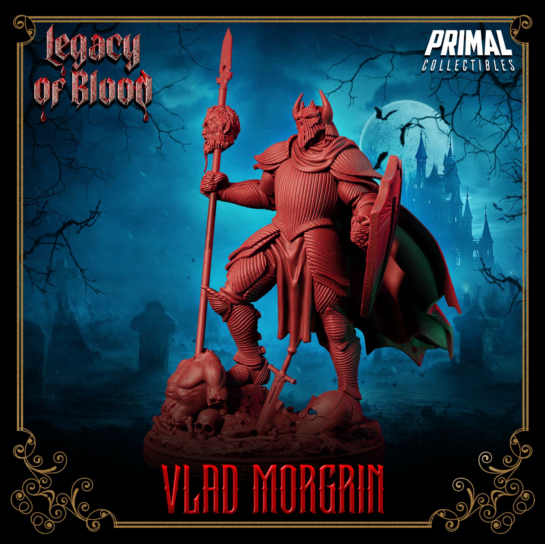 Vlad Morgrin angled view holding shield and spiked spear