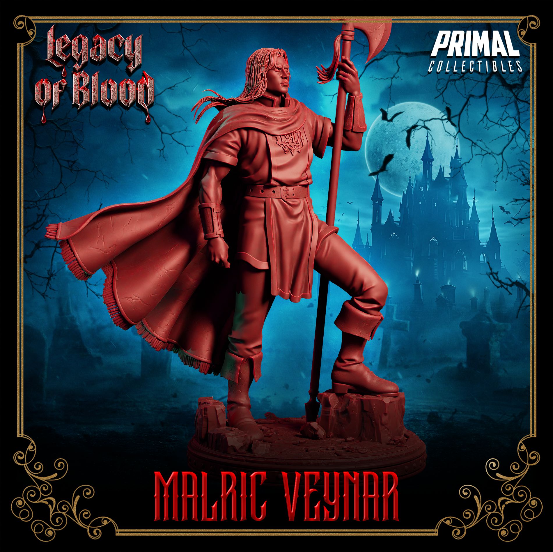 Malric Veynar human warrior resin miniature or bust — dark fantasy tabletop hero with great axe and cape for D&D, Pathfinder, and painting display