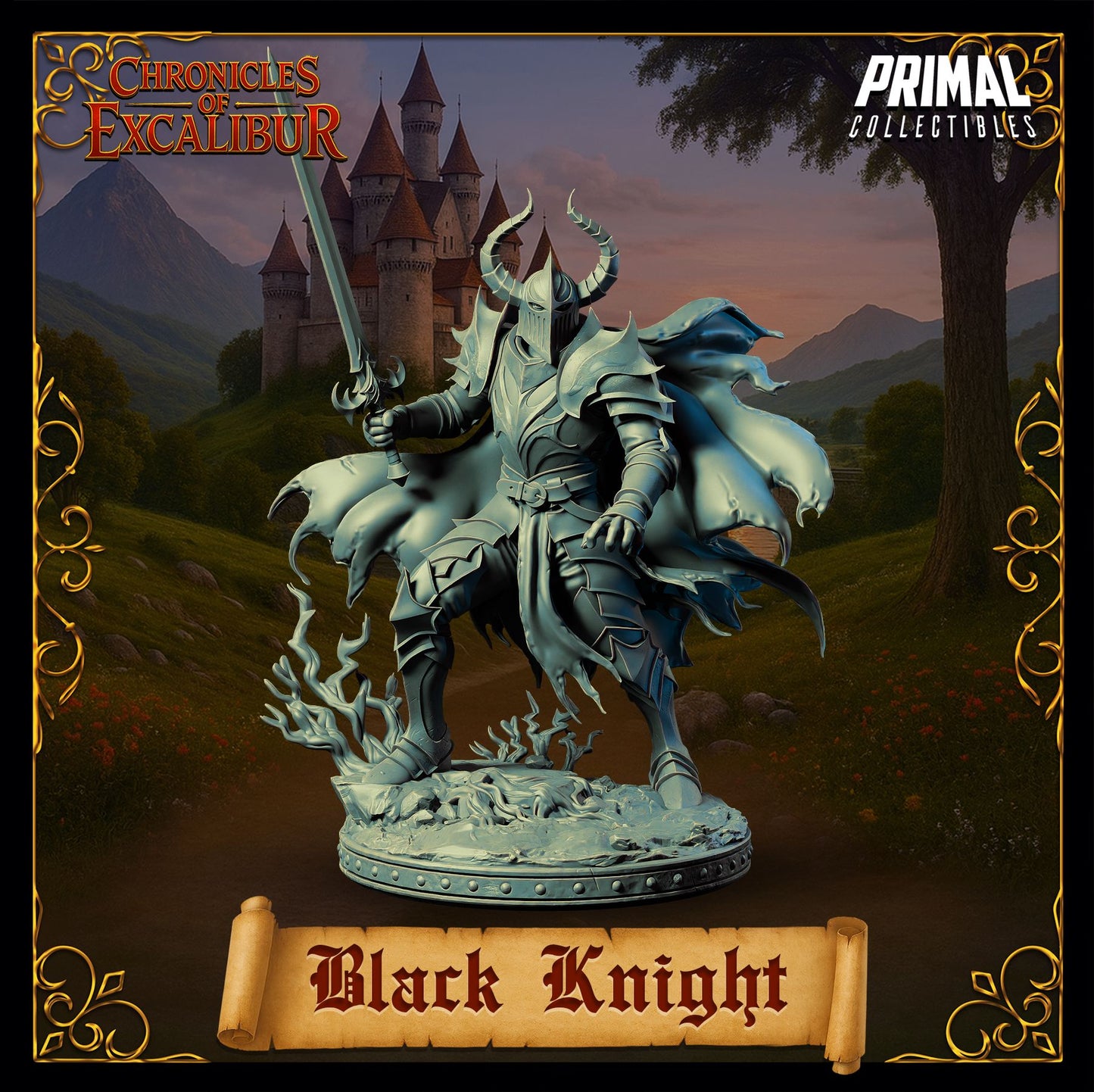Black Knight dark fantasy armored boss miniature with flowing cape for tabletop RPGs