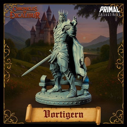 King Vortigern resin figure angled front view holding sword with ornate armor