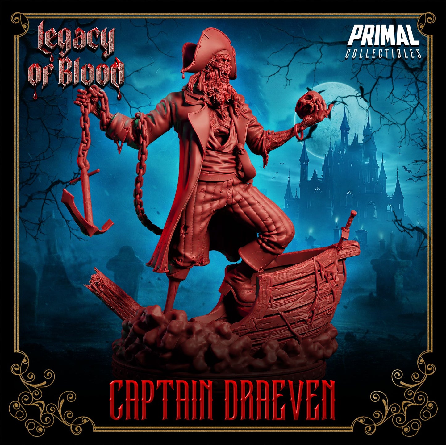 Draeven resin 3D printed undead pirate miniature, standing on shipwreck base with anchor chain – perfect RPG villain or display piece.