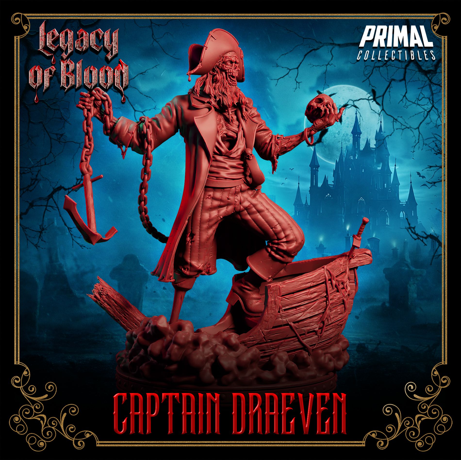 Draeven resin 3D printed undead pirate miniature, standing on shipwreck base with anchor chain – perfect RPG villain or display piece.