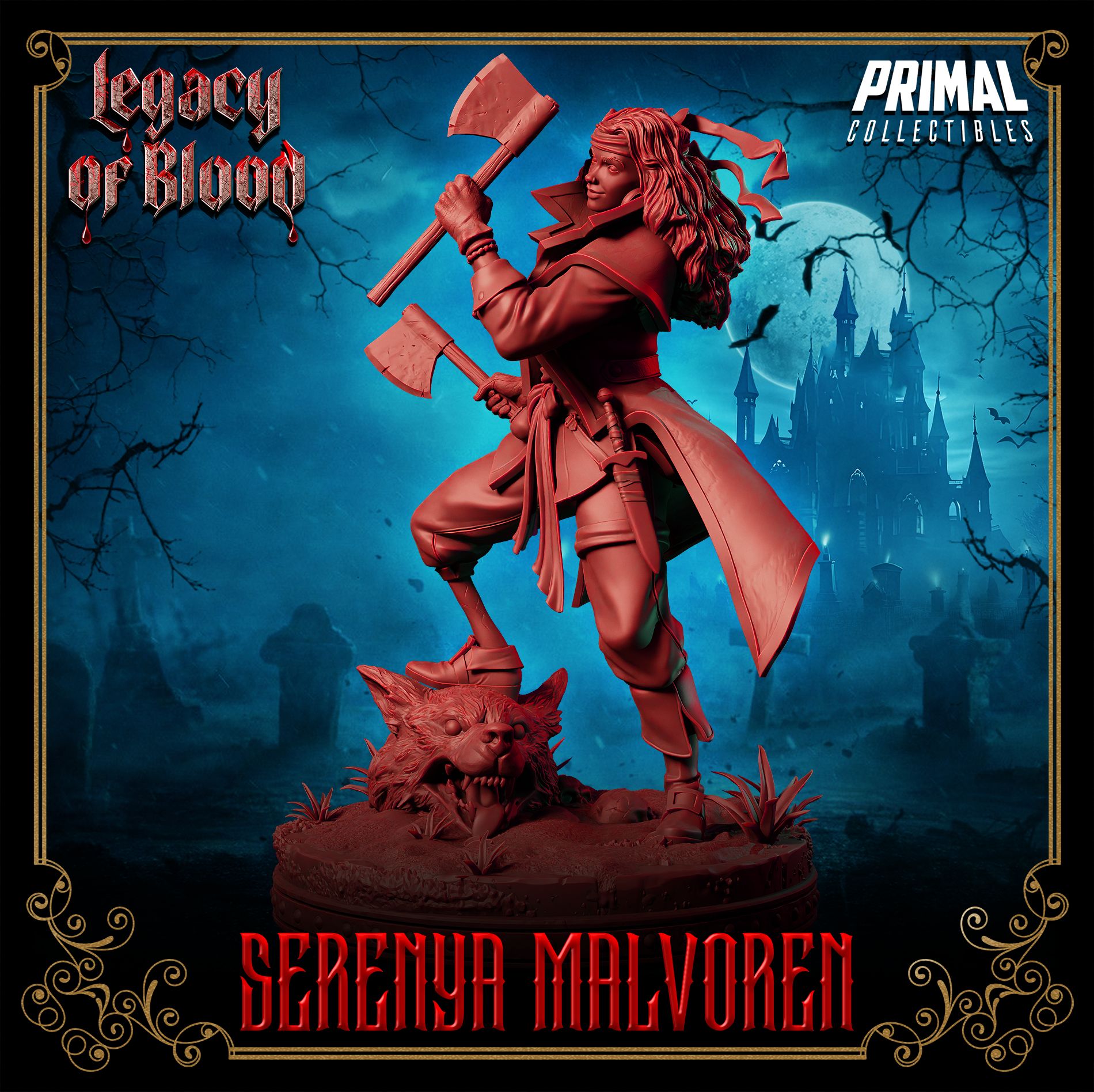Serenya Malvoren dual-axe hunter resin miniature – human barbarian/fighter RPG hero for D&D and tabletop roleplaying – paintable resin figure