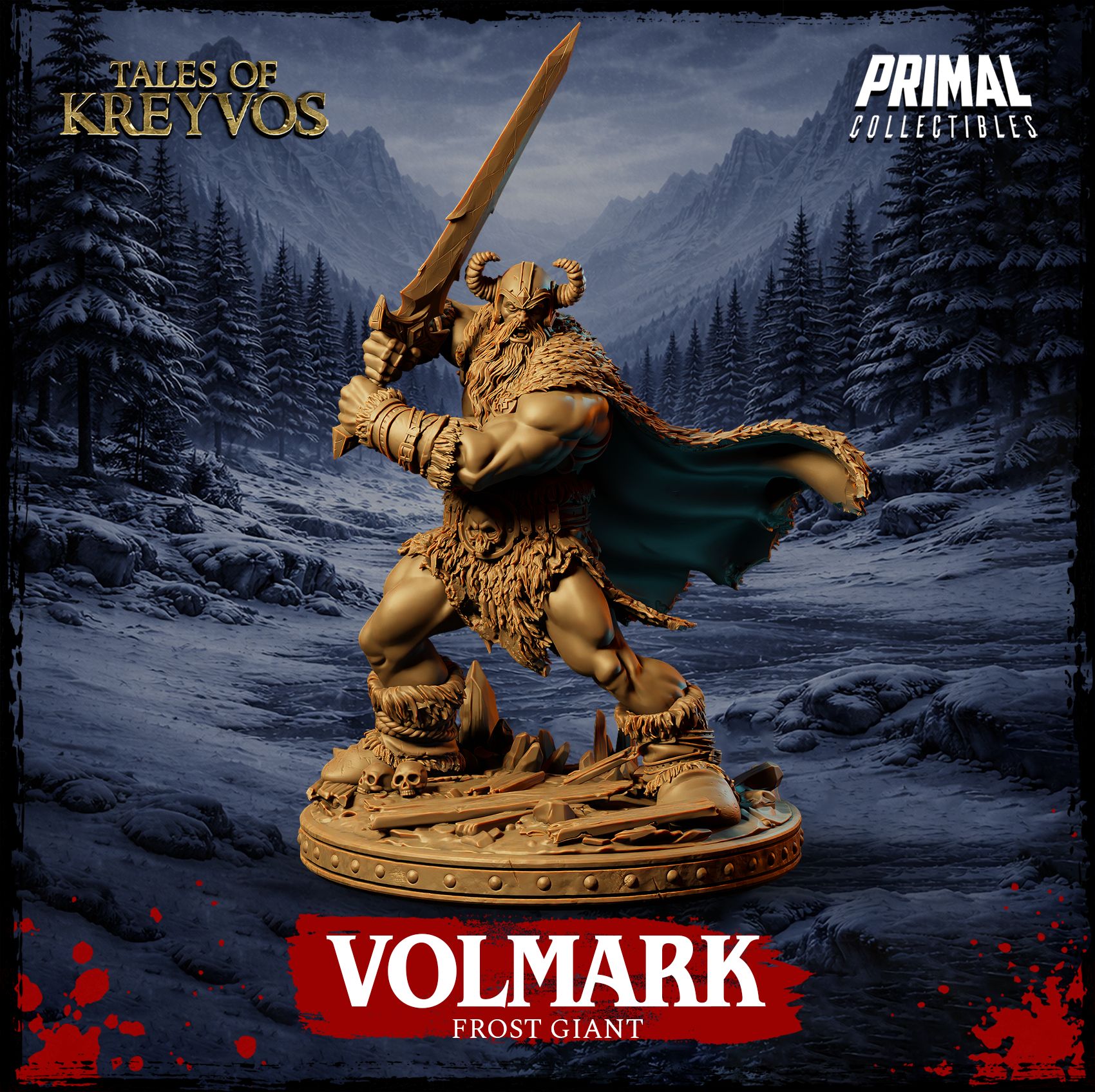 Volmark Frost Giant boss miniature poster render by PRIMAL Collectibles with dynamic lighting highlighting his braided beard and horned helm.