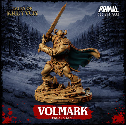 Volmark Frost Giant boss miniature poster render by PRIMAL Collectibles with dynamic lighting highlighting his braided beard and horned helm.