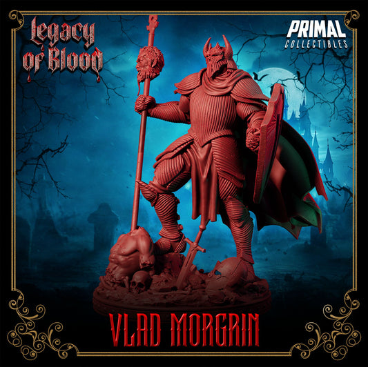 Vlad Morgrin full front view standing on defeated foes with spear and shield
