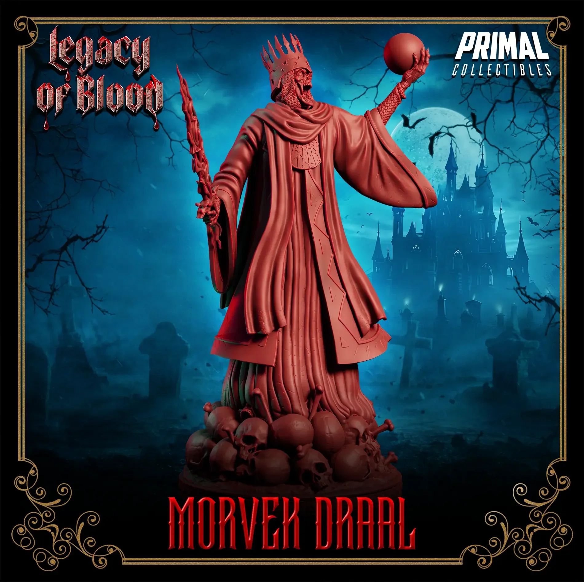 3D printed Morvek Draal miniature – undead darklord king with crown and flaming sword for tabletop RPG or display