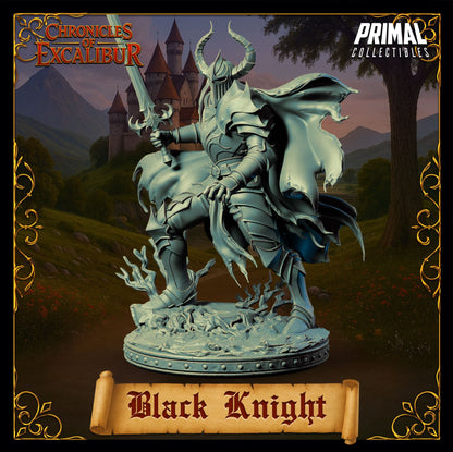 Black Knight dark fantasy armored boss miniature with flowing cape for tabletop RPGs