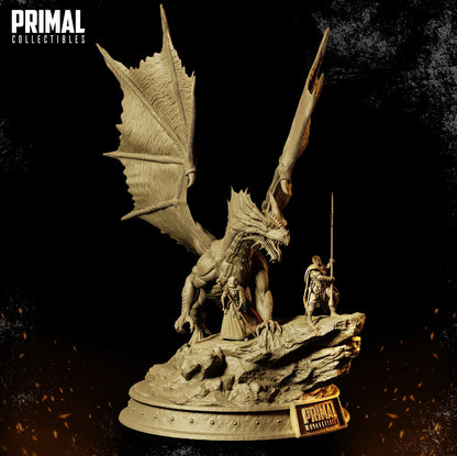 Epic dragon diorama by Primal Collectibles featuring a winged beast towering over two heroic figures on a rocky base, perfect for fantasy TTRPG display.