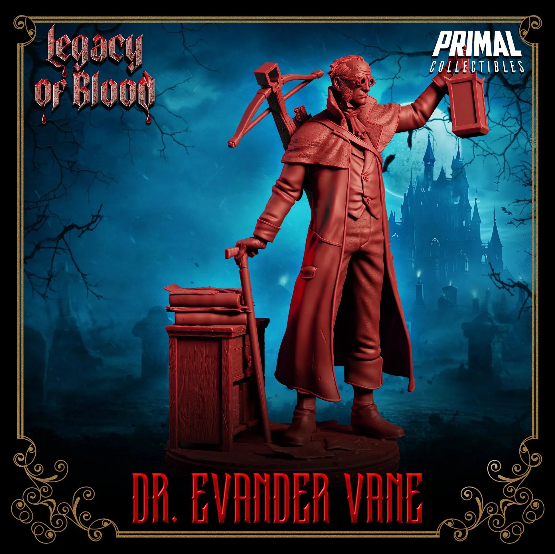 Dr. Evander Vane vampire hunter miniature holding lantern and crossbow – gothic horror 3D printed model for D&D or display
