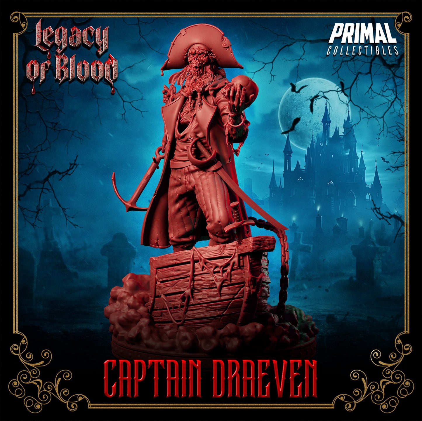 Draeven resin 3D printed undead pirate miniature, standing on shipwreck base with anchor chain – perfect RPG villain or display piece.