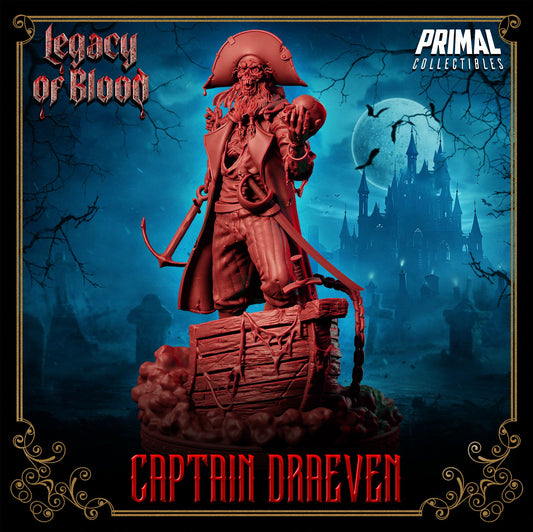 Draeven resin 3D printed undead pirate miniature, standing on shipwreck base with anchor chain – perfect RPG villain or display piece.