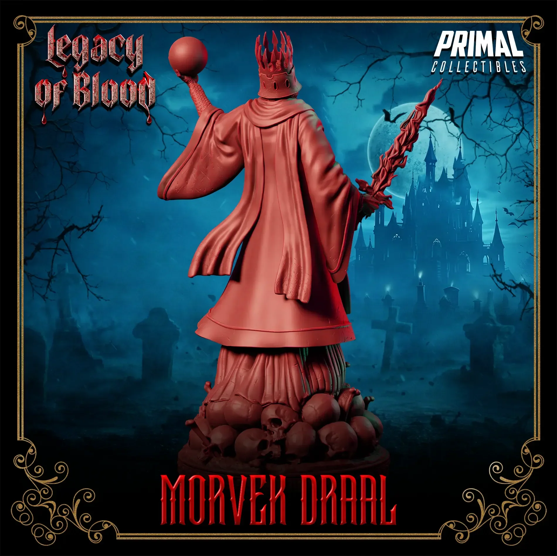 3D printed Morvek Draal miniature – undead darklord king with crown and flaming sword for tabletop RPG or display