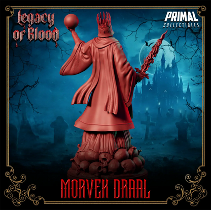 3D printed Morvek Draal miniature – undead darklord king with crown and flaming sword for tabletop RPG or display