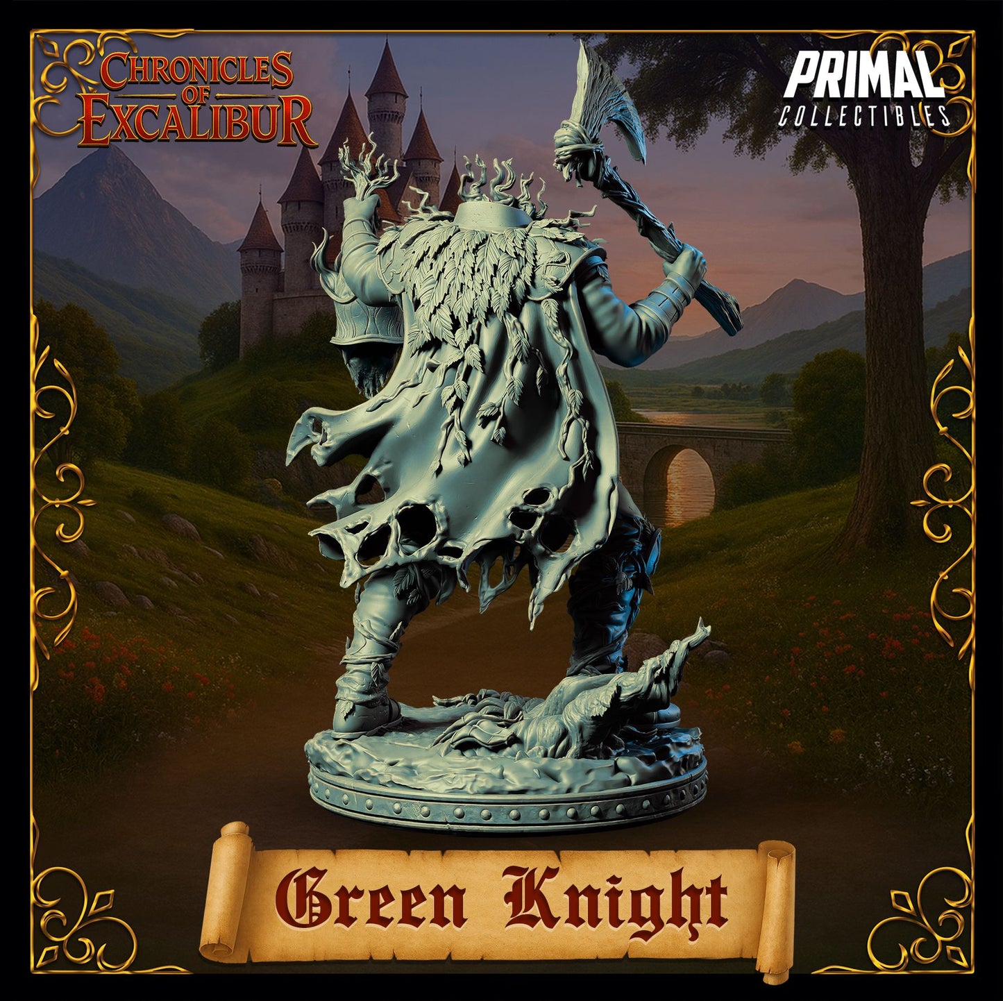 Mystic Green Knight figure with bark styled armor and raised axe crafted for fantasy tabletop and Arthurian themed display scenes by D&K Custom Prints