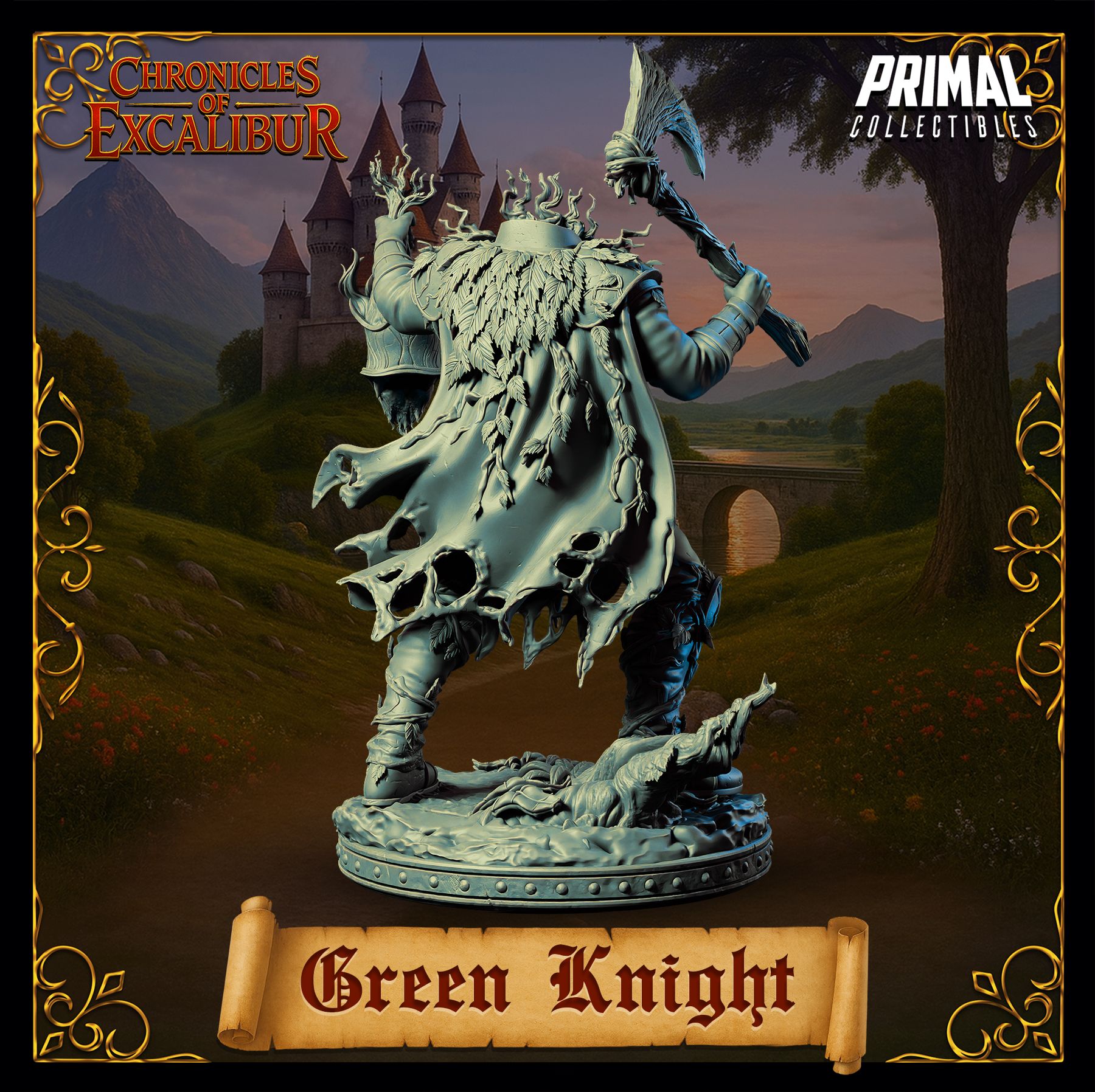 Mystic Green Knight figure with bark styled armor and raised axe crafted for fantasy tabletop and Arthurian themed display scenes by D&K Custom Prints