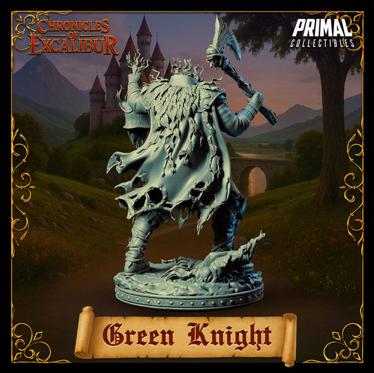 Mystic Green Knight figure with bark styled armor and raised axe crafted for fantasy tabletop and Arthurian themed display scenes by D&K Custom Prints