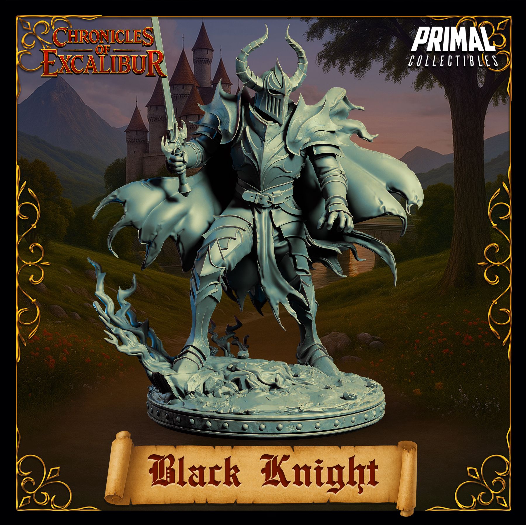 Black Knight dark fantasy armored boss miniature with flowing cape for tabletop RPGs