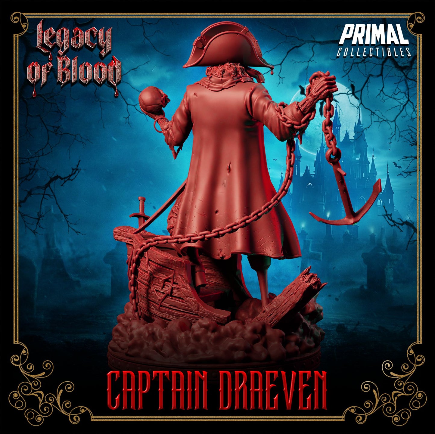 Draeven resin 3D printed undead pirate miniature, standing on shipwreck base with anchor chain – perfect RPG villain or display piece.