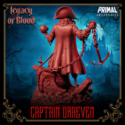 Draeven resin 3D printed undead pirate miniature, standing on shipwreck base with anchor chain – perfect RPG villain or display piece.