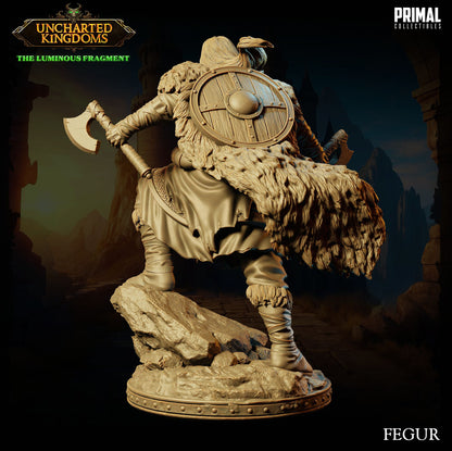 Resin miniatures of Kara and Fegur, barbarian champions available in 32mm and 75mm scales for TTRPGs and collectors.