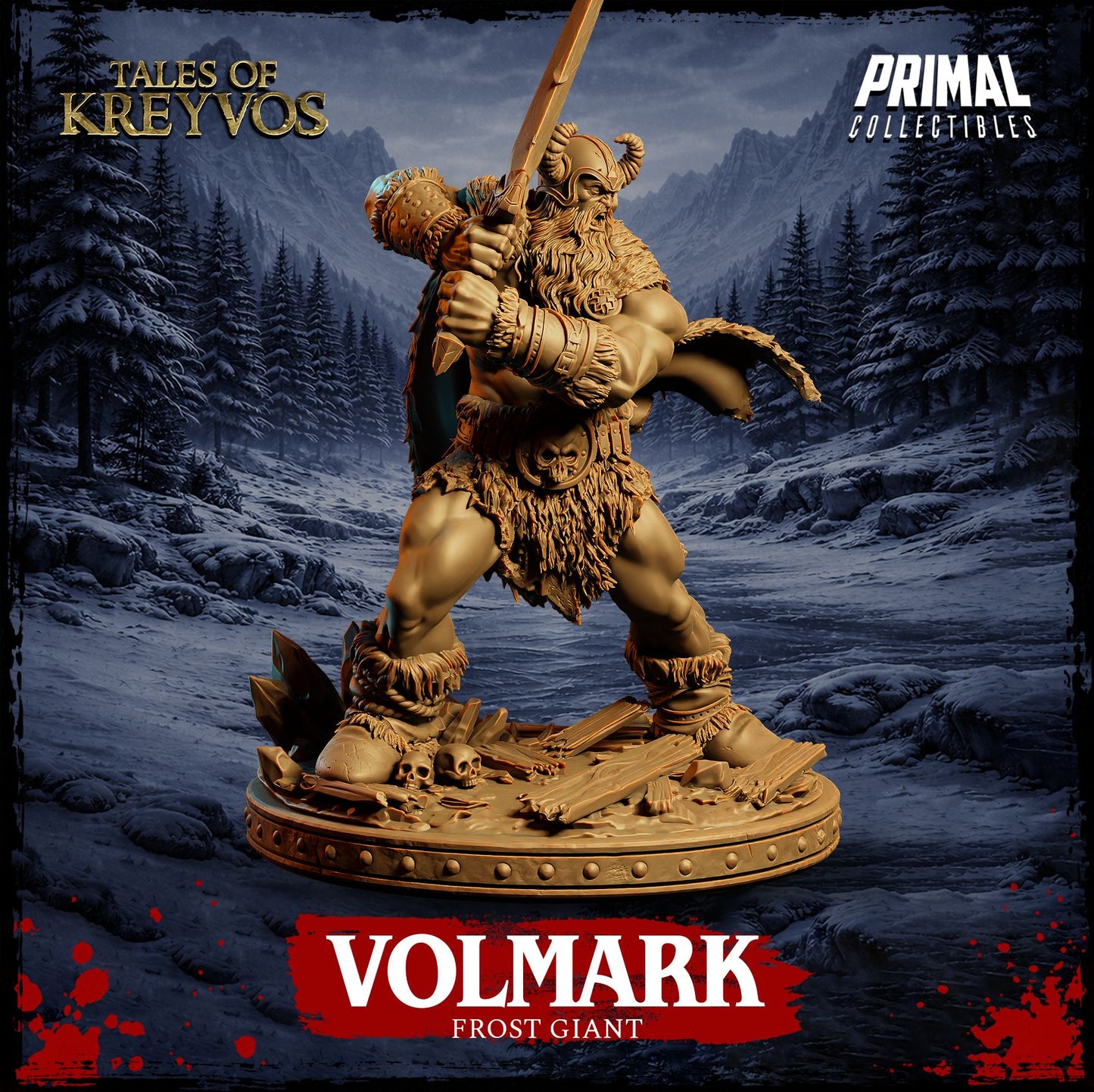 Right three-quarters profile of the Volmark Frost Giant miniature, highlighting the flow of his large fur cape and dynamic posing.