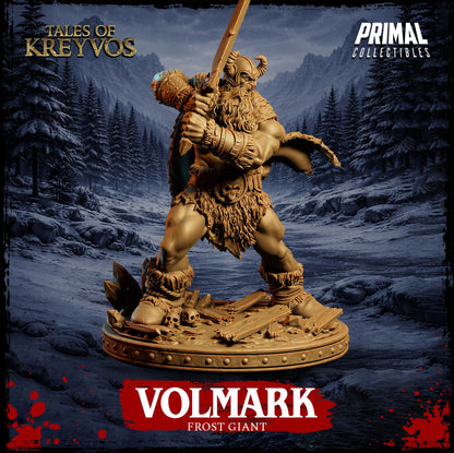 Right three-quarters profile of the Volmark Frost Giant miniature, highlighting the flow of his large fur cape and dynamic posing.