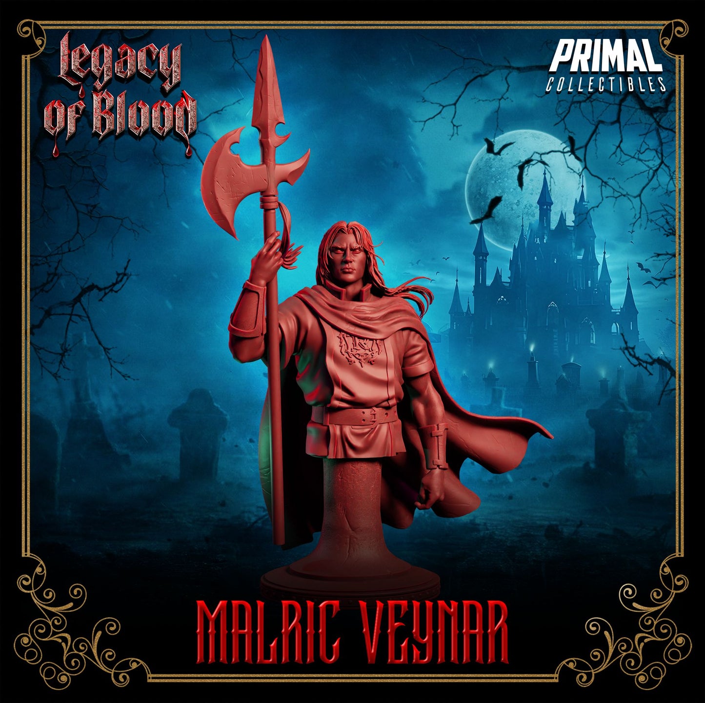 Malric Veynar human warrior resin miniature or bust — dark fantasy tabletop hero with great axe and cape for D&D, Pathfinder, and painting display