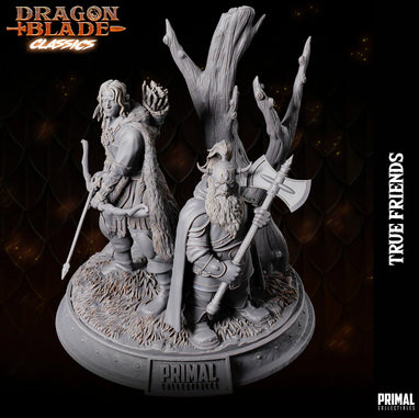 Fantasy diorama with dwarf and ranger miniatures by tree – True Friends Diorama