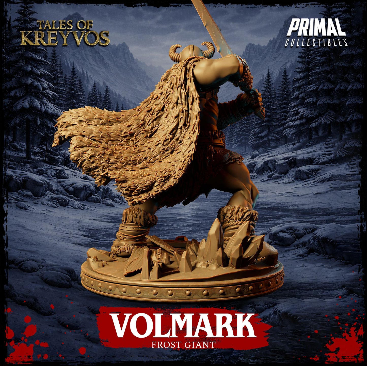 Rear view of Volmark the Frost Giant resin miniature, displaying the heavy sculpted texture of the fur cloak and the reverse side of the frozen base.