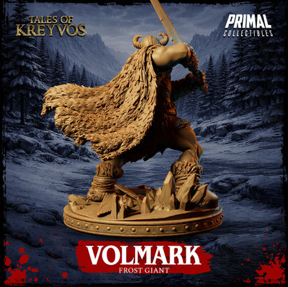 Rear view of Volmark the Frost Giant resin miniature, displaying the heavy sculpted texture of the fur cloak and the reverse side of the frozen base.