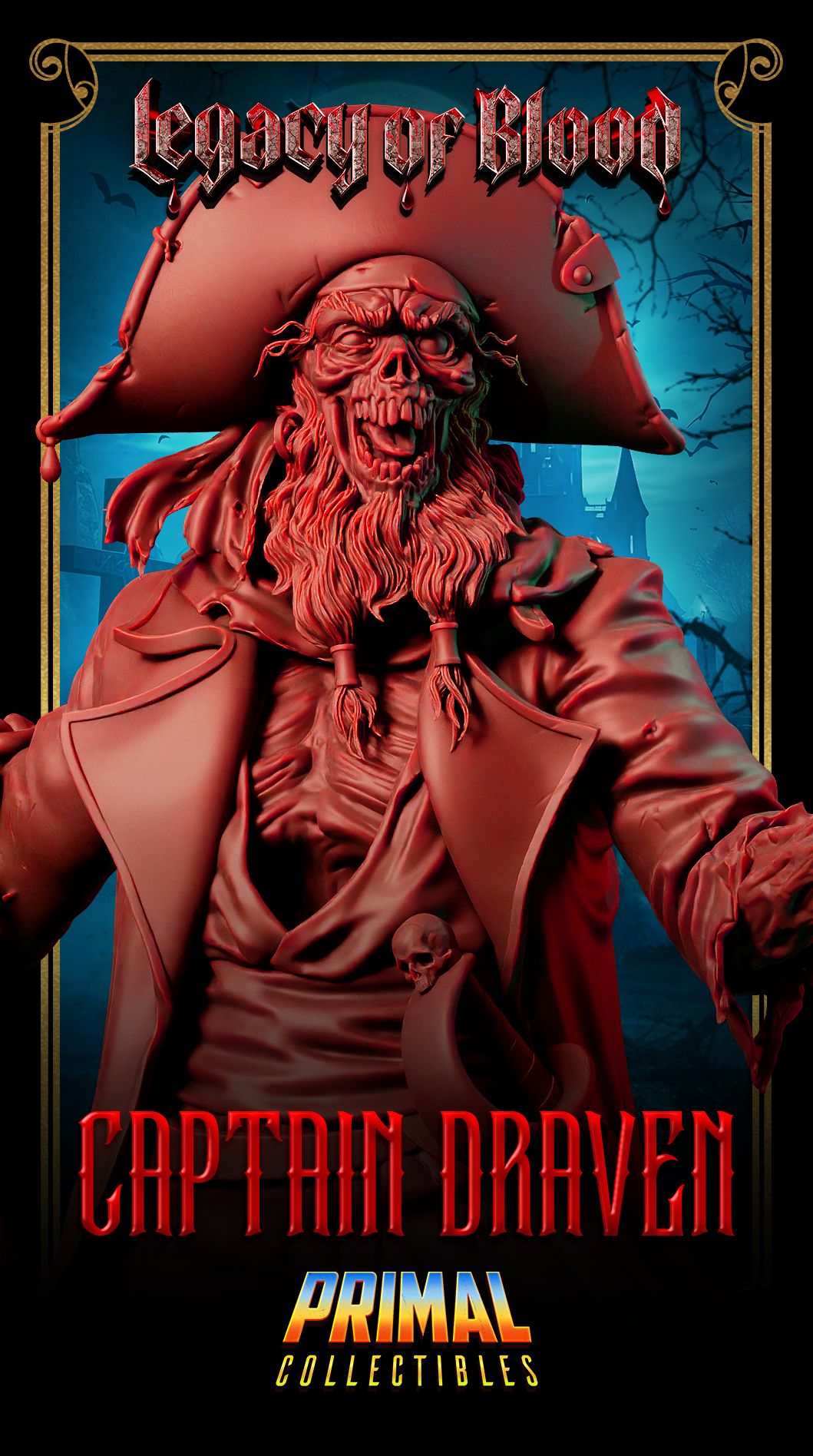 Draeven resin 3D printed undead pirate miniature, standing on shipwreck base with anchor chain – perfect RPG villain or display piece.