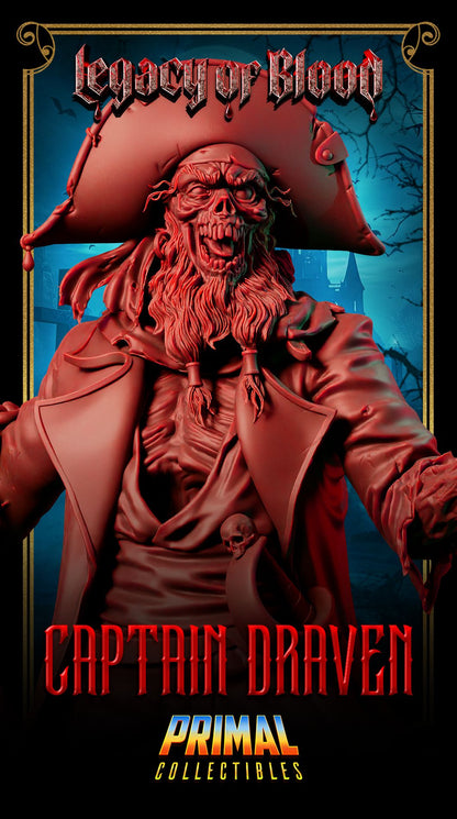 Draeven resin 3D printed undead pirate miniature, standing on shipwreck base with anchor chain – perfect RPG villain or display piece.