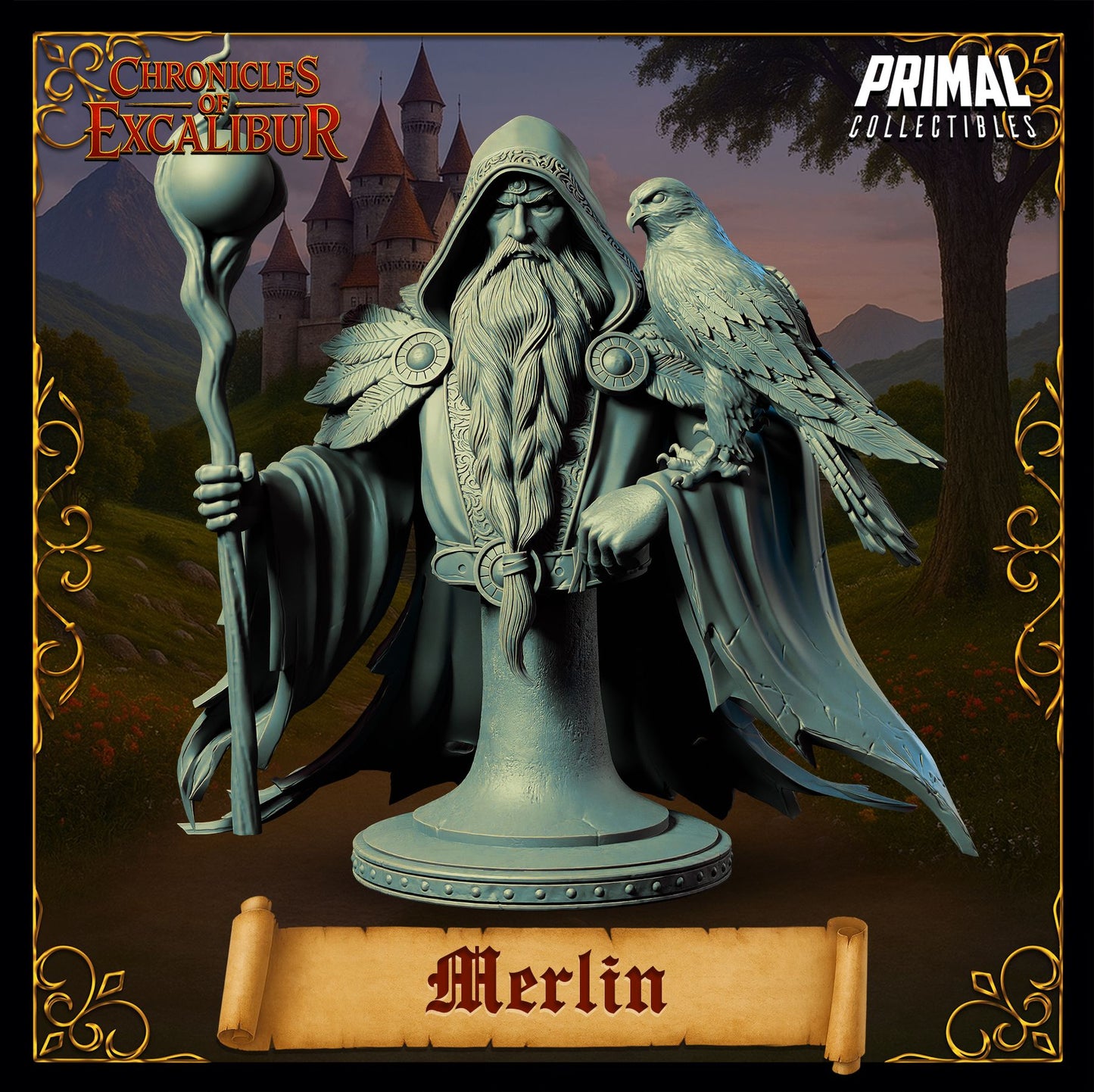 Wizard Merlin resin figure from the Chronicles of Excalibur line crafted for painters and fans of Arthurian fantasy by D&K Custom Prints
