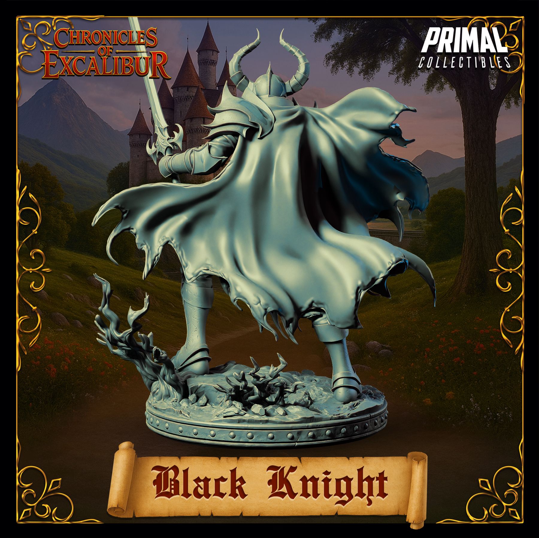 Black Knight dark fantasy armored boss miniature with flowing cape for tabletop RPGs