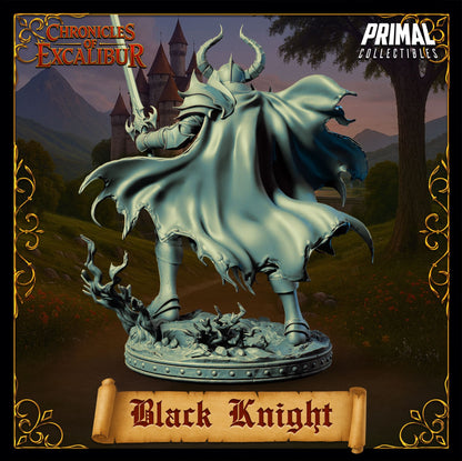 Black Knight dark fantasy armored boss miniature with flowing cape for tabletop RPGs