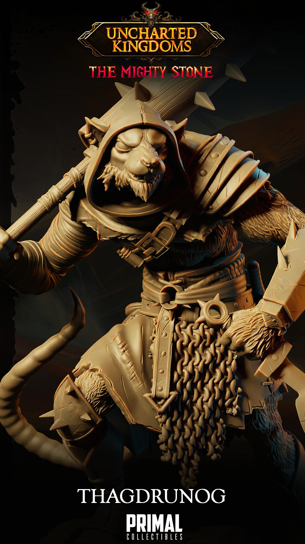 Thagdrunog wererat brute resin miniature wielding a massive spiked club ready for painting.