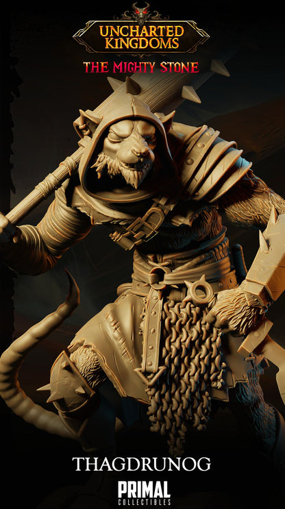 Thagdrunog wererat brute resin miniature wielding a massive spiked club ready for painting.