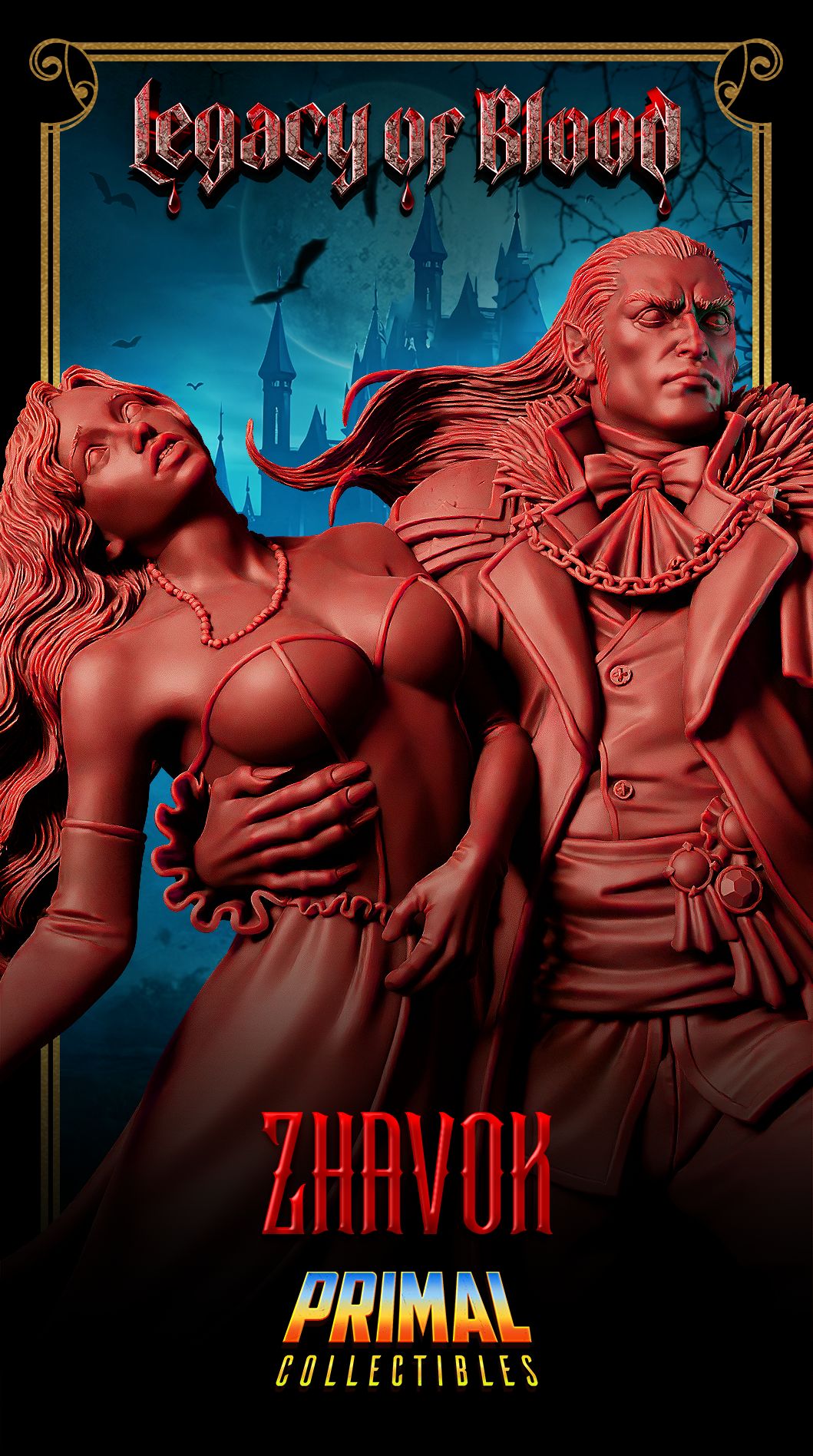 Statue of a man and woman with 'Legacy of Blood' text and 'Zhavok Primal Collectibles' branding.