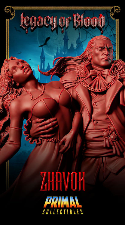 Statue of a man and woman with 'Legacy of Blood' text and 'Zhavok Primal Collectibles' branding.