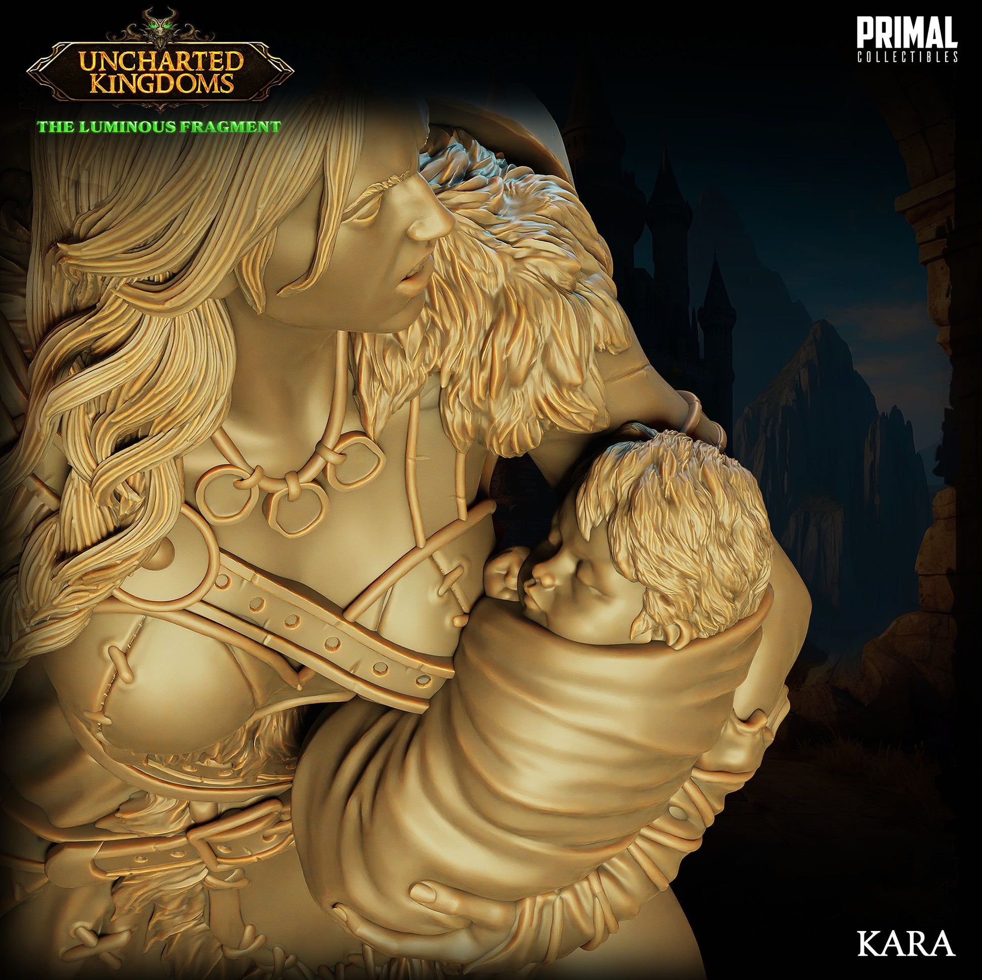 Resin miniatures of Kara and Fegur, barbarian champions available in 32mm and 75mm scales for TTRPGs and collectors.