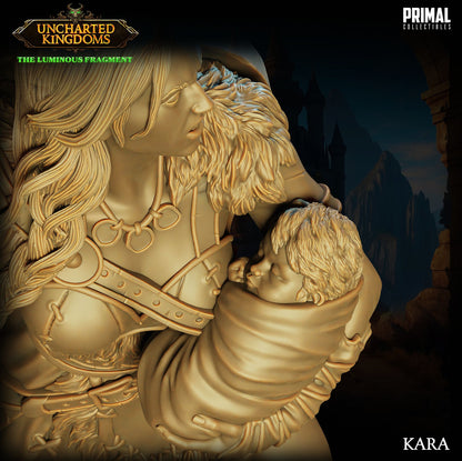 Resin miniatures of Kara and Fegur, barbarian champions available in 32mm and 75mm scales for TTRPGs and collectors.