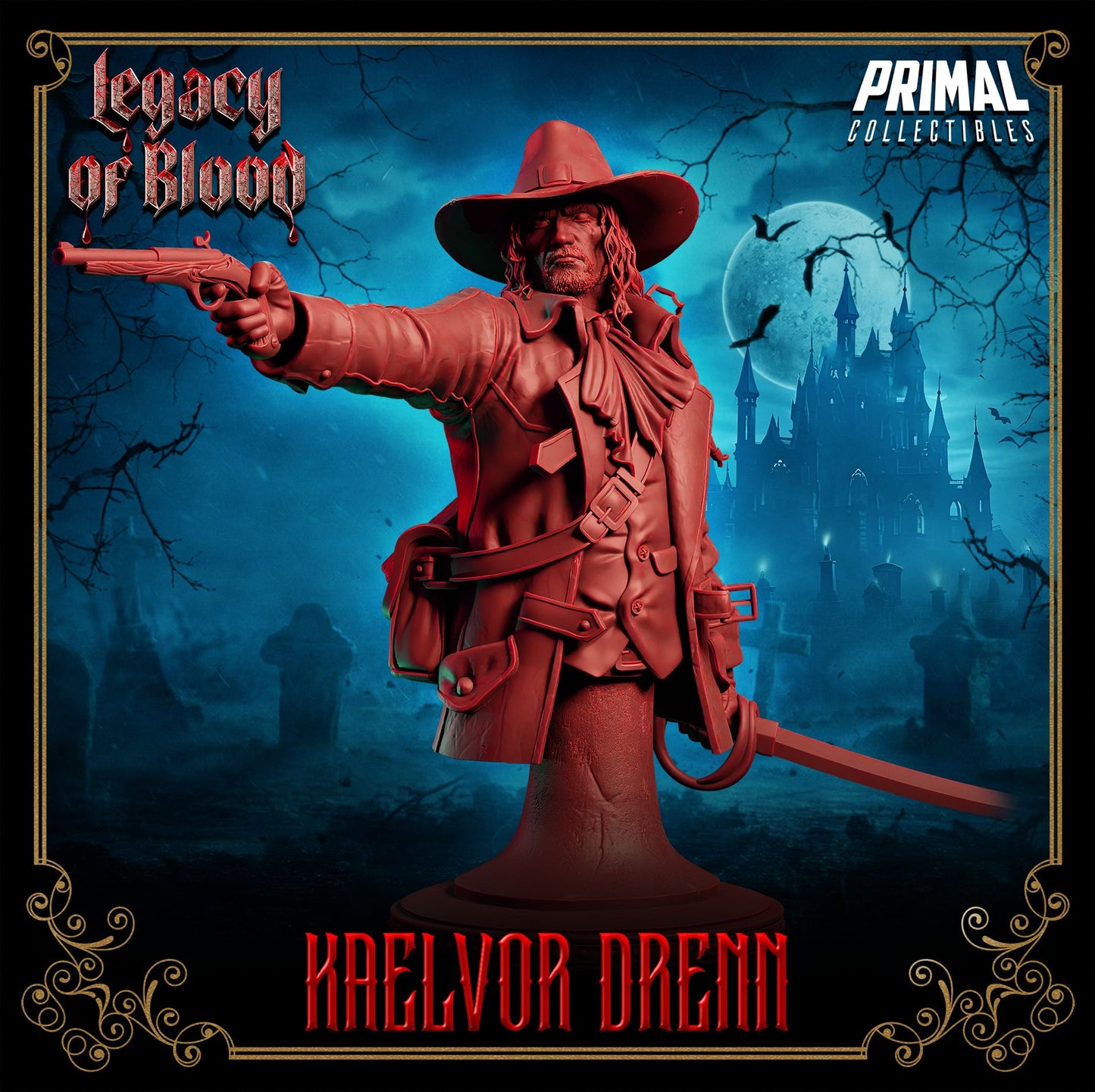 Kaelvor Drenn hunter resin miniature figure or bust – gothic vampire slayer with pistol, sword, long coat, dark fantasy tabletop collectible – D&K Custom Prints