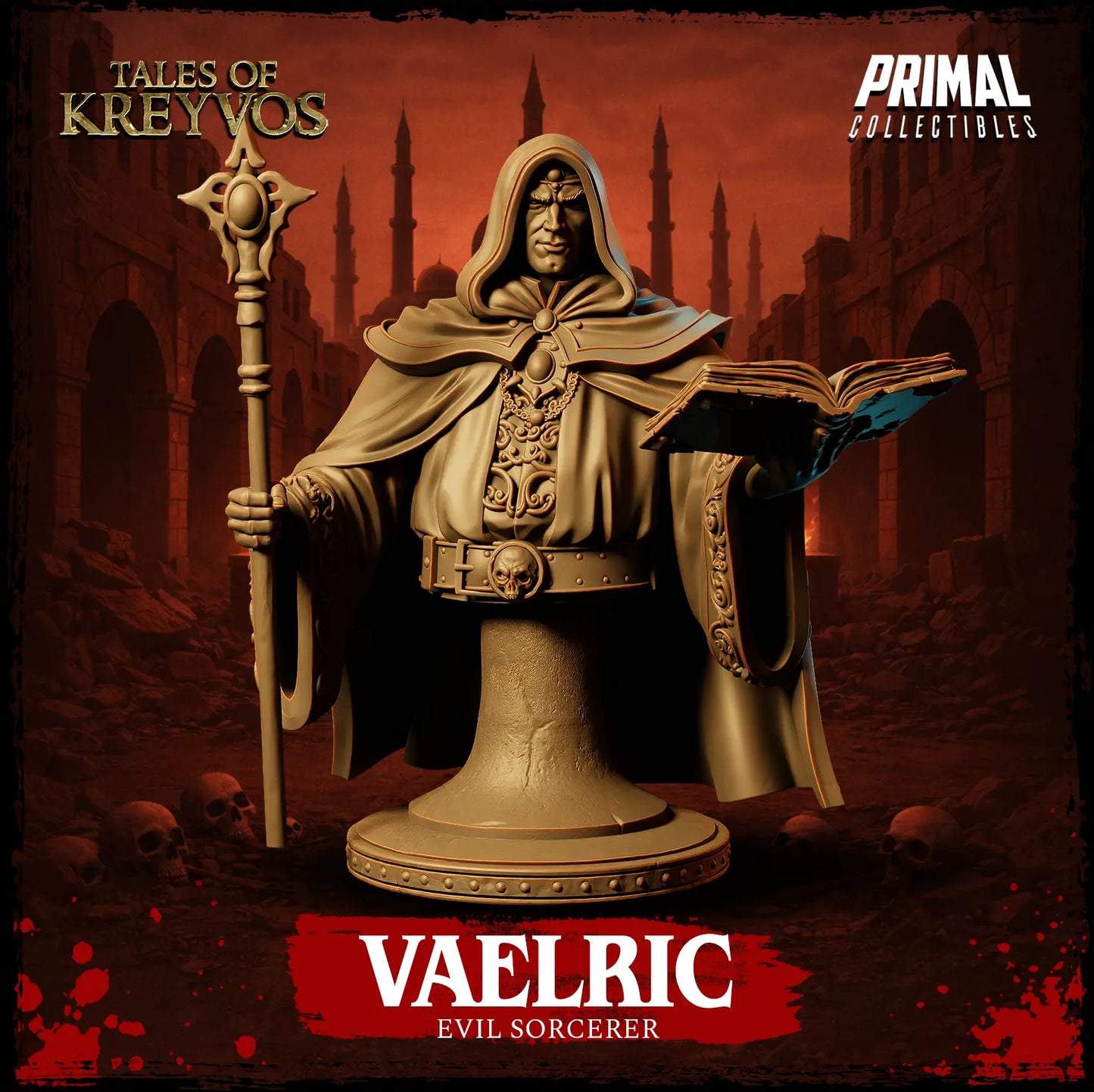 Front view render of Vaelric evil sorcerer collector display bust on a round pedestal stand.
