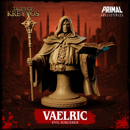 Front view render of Vaelric evil sorcerer collector display bust on a round pedestal stand.