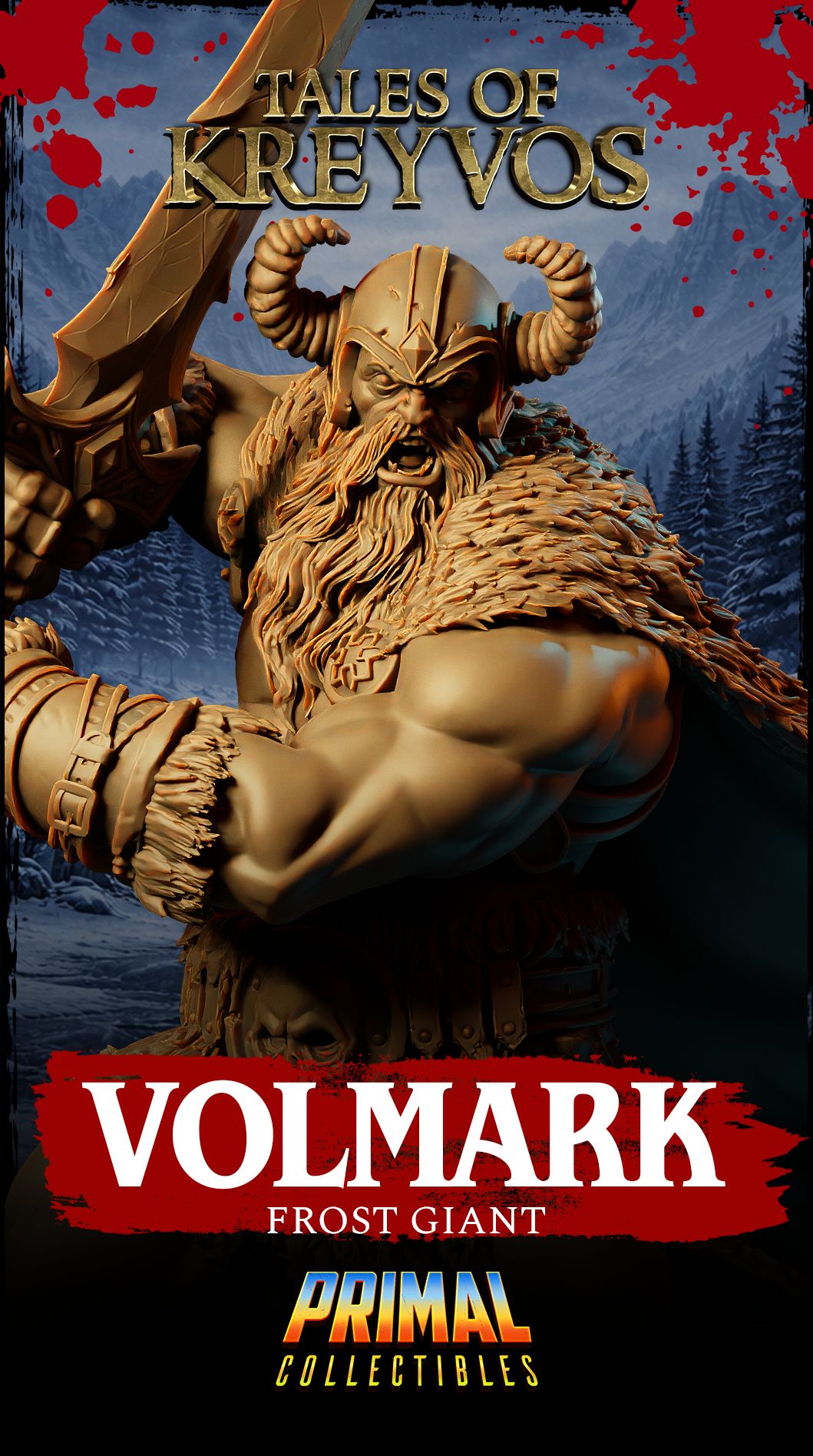 Close-up landscape view of Volmark the Frost Giant miniature, showcasing dramatic lighting over his leather armor and thick fur cloak.